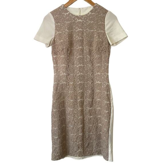Hugo Boss Crew Neck Tan Crochet Lace Short Sleeve Sheath Dress • Size 2 ⬇️ - Picture 1 of 3